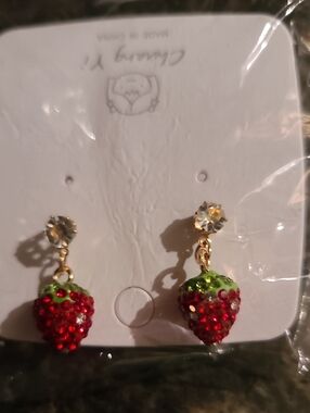 Strawberry Crystal Drop Earrings - Red & Green
